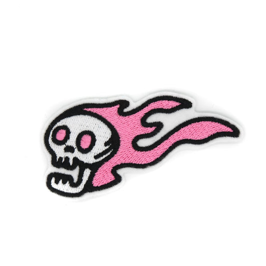 Pink Flaming Skull Embroidered Iron-On Patch