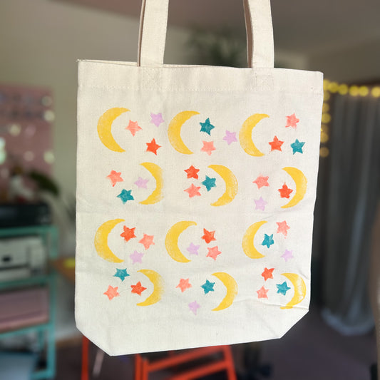 Moon and Stars Hand-Stamped Tote Bag