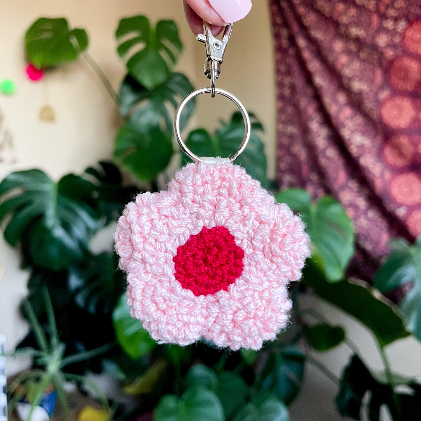 Flower Needle Punch Keychain - Pink and Red
