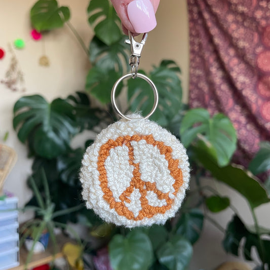 Peace Sign Needle Punch Keychain - Cream and Mustard