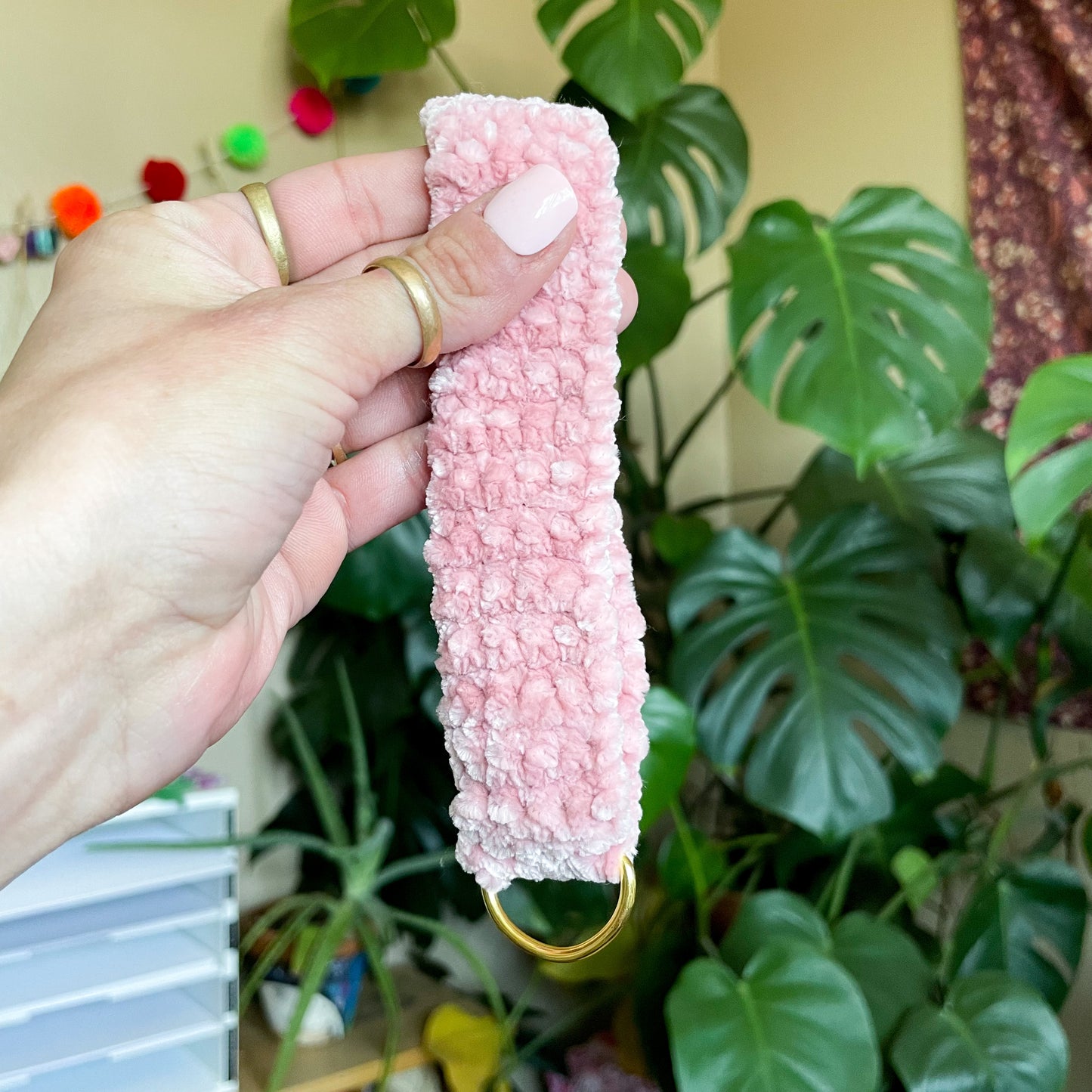 Velvet Crochet Wristlet Keychain - Pink