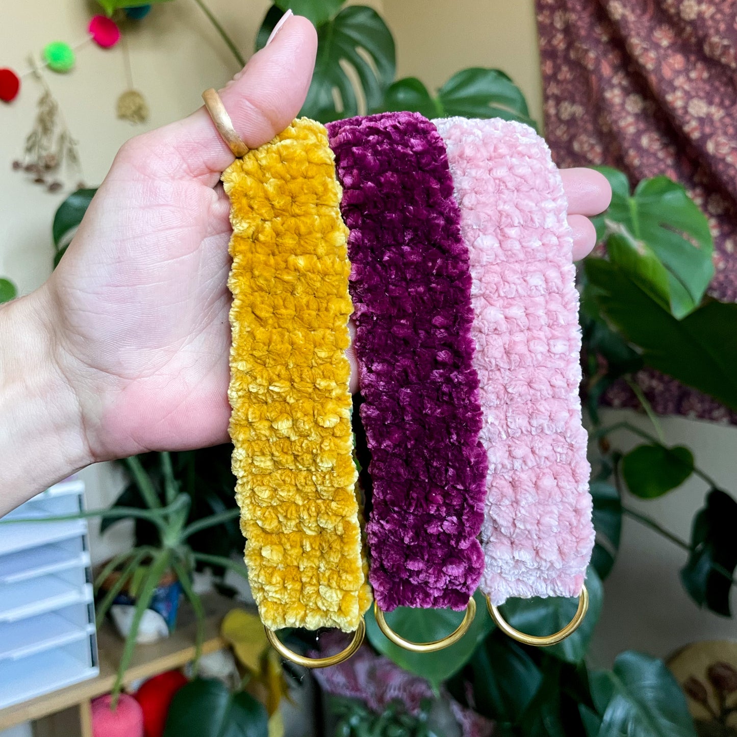 Velvet Crochet Wristlet Keychain - Yellow