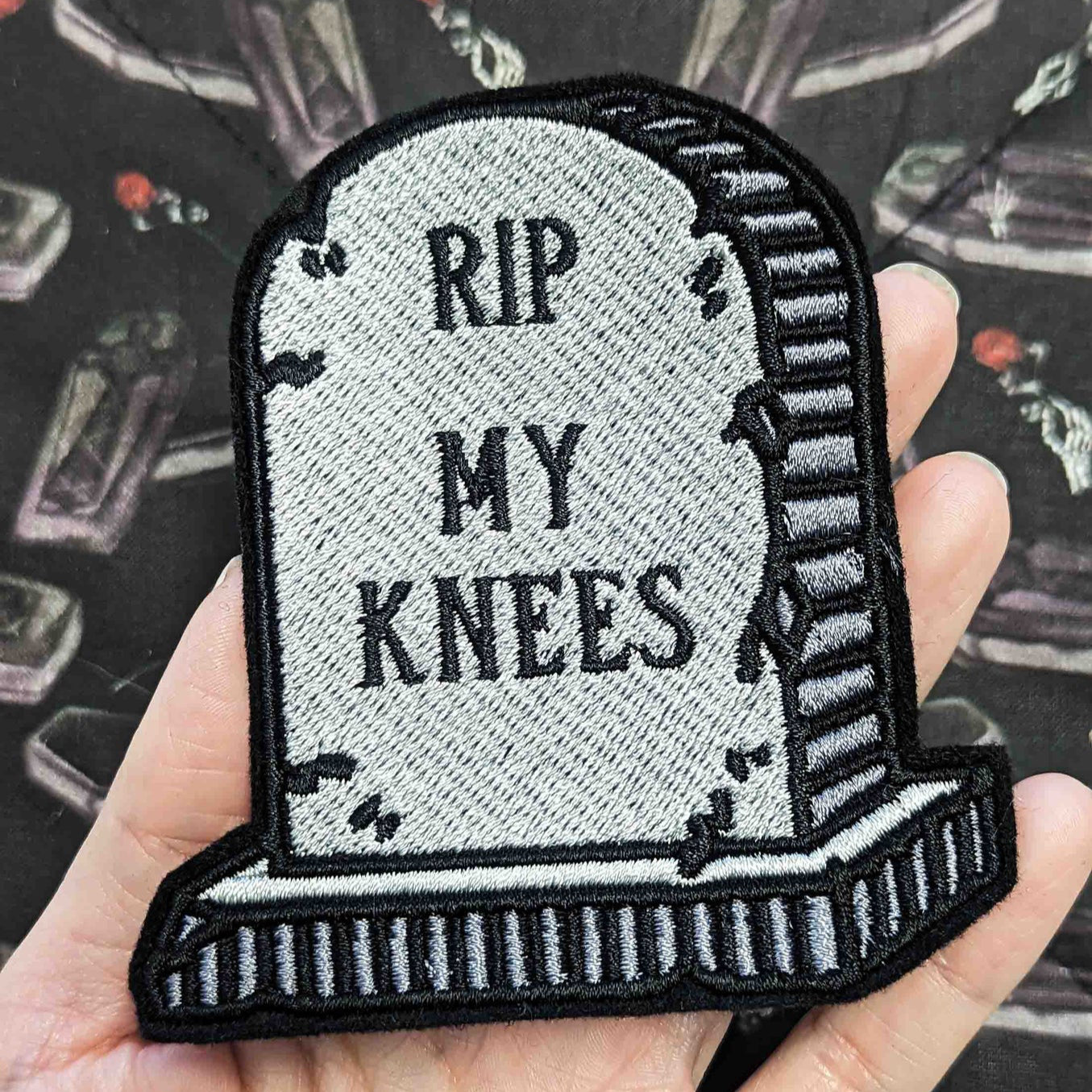 RIP My Knees Headstone Embroidered Iron-On Patch