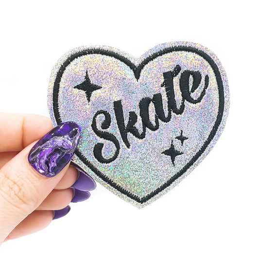 Skate Heart Holographic Glitter Vinyl Embroidered Iron-On Patch