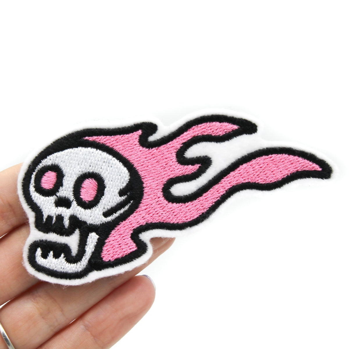 Pink Flaming Skull Embroidered Iron-On Patch