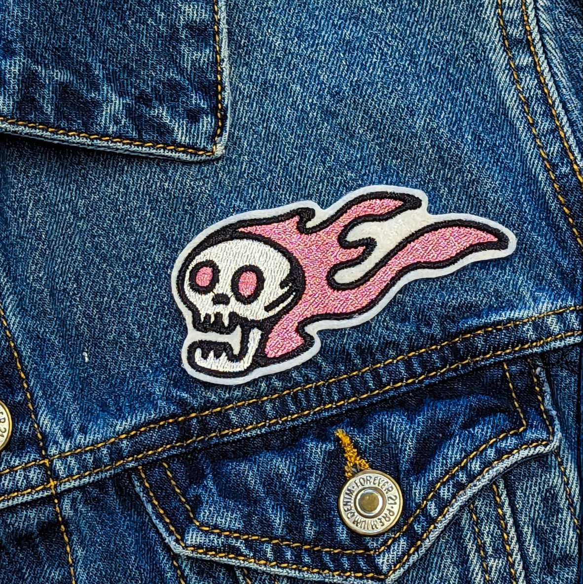 Pink Flaming Skull Embroidered Iron-On Patch