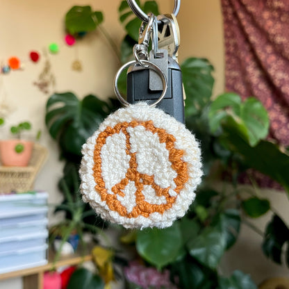 Peace Sign Needle Punch Keychain - Cream and Mustard