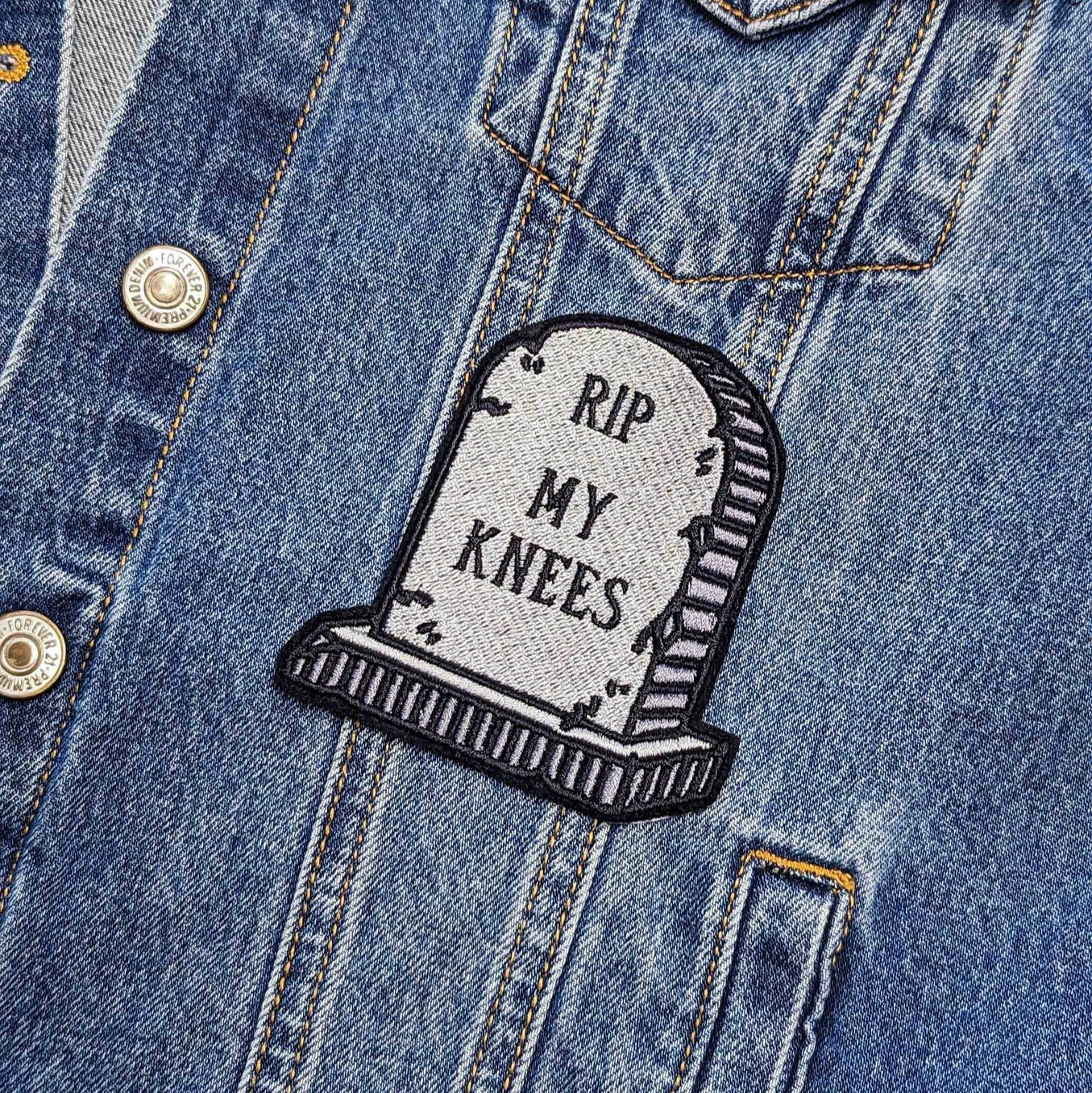 RIP My Knees Headstone Embroidered Iron-On Patch