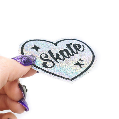 Skate Heart Holographic Glitter Vinyl Embroidered Iron-On Patch