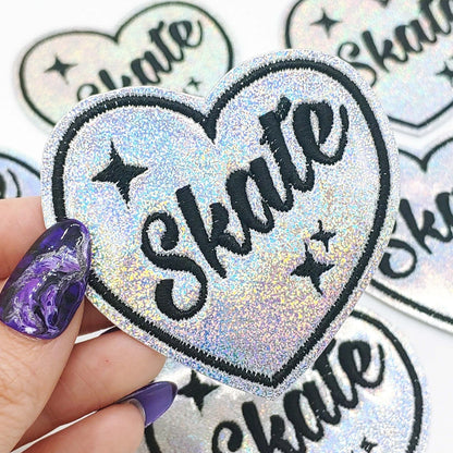 Skate Heart Holographic Glitter Vinyl Embroidered Iron-On Patch